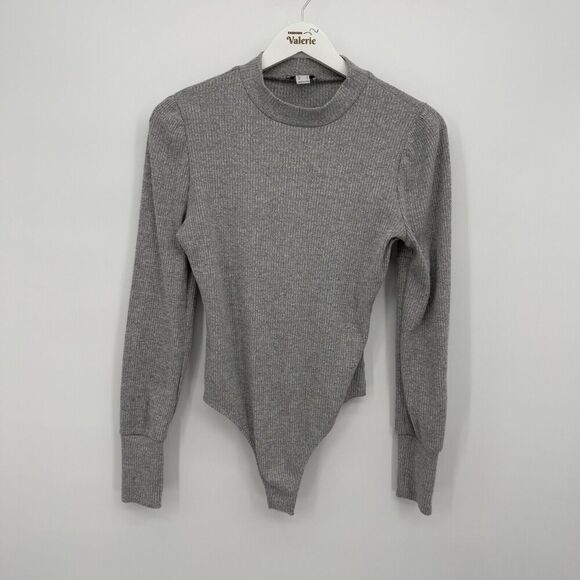 Revamped Gray Ribbed Long Sleeve Mock Neck Bodysuit Thong Size Medium - Picture 1 of 8